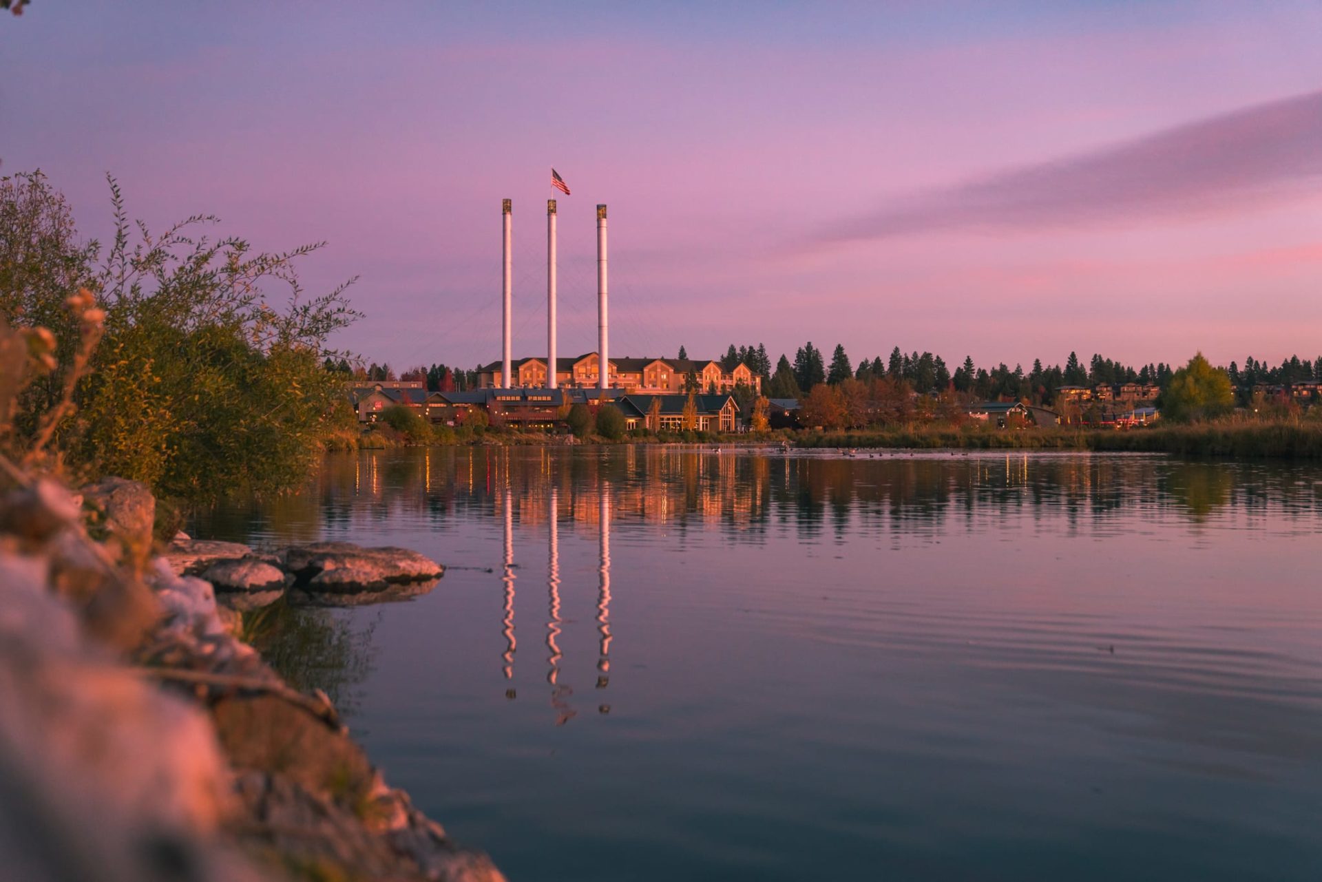 Sunset Over the River, Old Mill District in Bend, Oregon