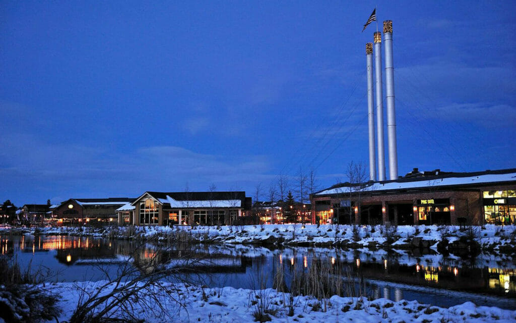 Snow covered Old Mill District in Bend, Oregon at Christmas Time